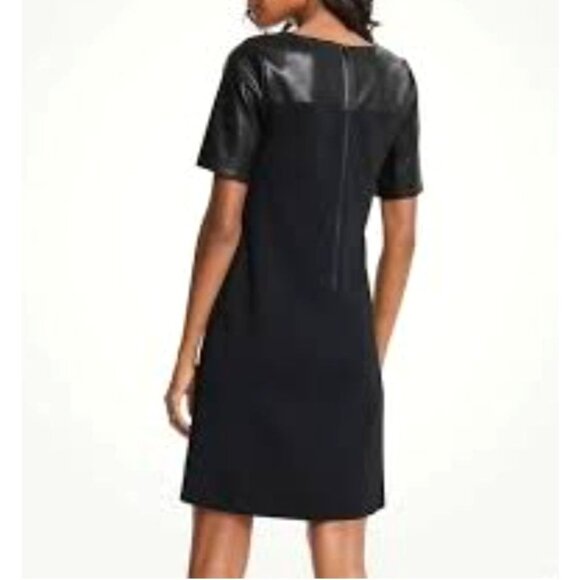 Ann Taylor Black Faux-Leather Short Sleeves Ponte Knit Shift Dress Size 12 - Picture 2 of 7